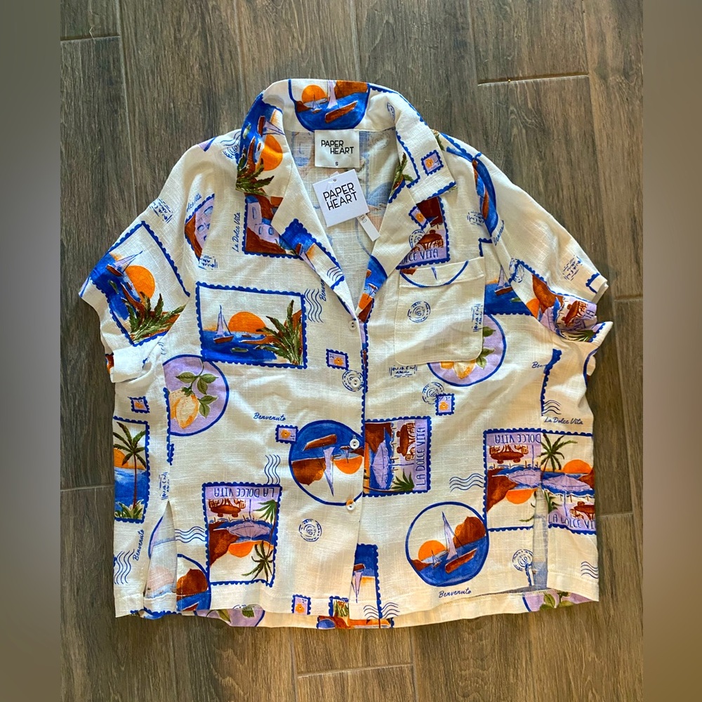 PAPER HEART White Postcard Floral Rayon Linen Oversize Button-Up Shirt Small NWT